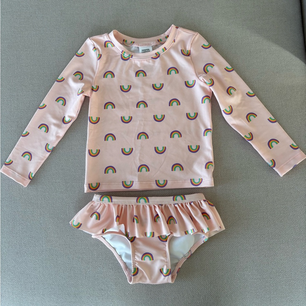 Harper Canyon Girl’s Pink Swimsuit Long Rash Guard Rainbow